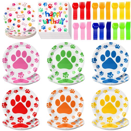 Gejoy 96 Pcs Dog Paw Birthday Party Supplies Tableware Kit Include Plates Knives Forks Spoons Napkins for Boy Girls Birthday Party Decorations Serve 24 Guests (Bright Color)