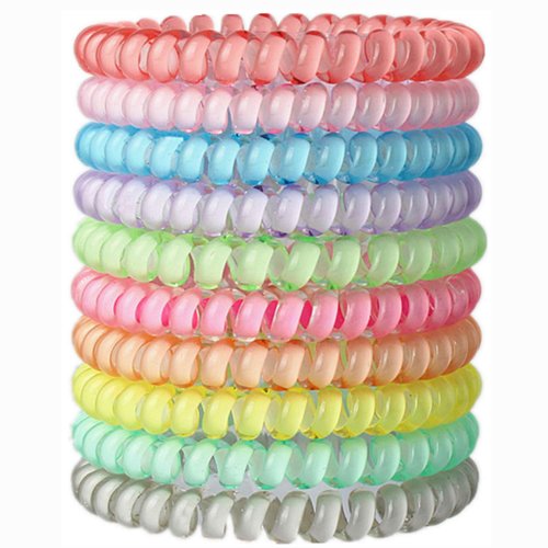 Hodooly Candy Color 10 Piece Spiral Hair Ties, Coil elastics Hair Ties,Multicolor Small Spiral Hair Ties,No Crease Hair Coils, Telephone Cord Plastic Hair Ties For Women