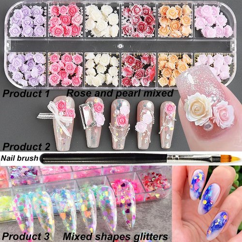 12 Grids Rose Flower Nail Charms 12 Grids Iridescent Glitter Nail Art Sequins1 Pcs Nail Brush,3D Nail Art Flat-Back Flower Holographic Irregular Nail Art Glitter Flakes Nail Decoration Nail Art Tips