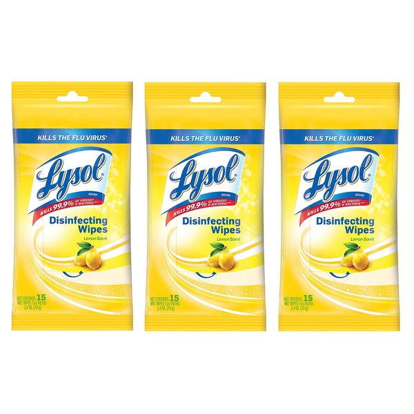 Lysol Disinfecting Wipes To-Go Pack, Lemon Scent, 15 Count (Pack of 3)