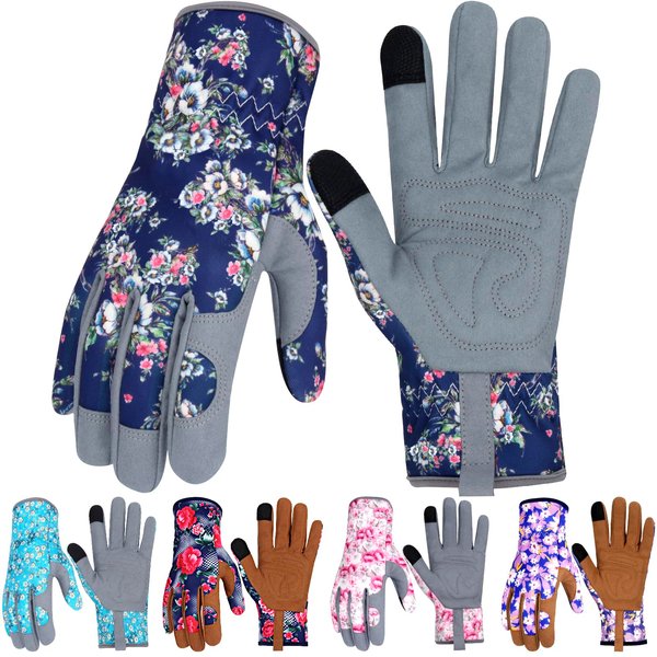 MERTURN Women's Blue Leather Gardening Gloves, Touch Screen Design, Thorn Proof, Durable and Breathable, Suitable for Planting, Digging, Pruning, and More