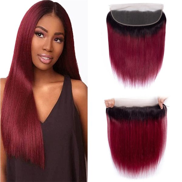 Brazilian Ombre 1B 99J Straight 13x4 Lace Frontal 100% Unprocessed Human Virgin Hair Red Wine Pre-Plucked Hairline 2 Tone 1b/99j Front 1B Burgundy Closure(12inch, 1b 99j straight frontal)
