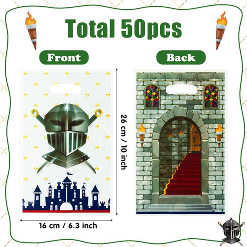 ArowlWesh Medieval Knight Party Favor Bags - 50Pcs Plastic Medieval Castle Candy Treat Gift Bag with Handles Snack Goodie Bags for Kids Medieval Knight Theme Birthday Party Supplies Baby Shower Decor