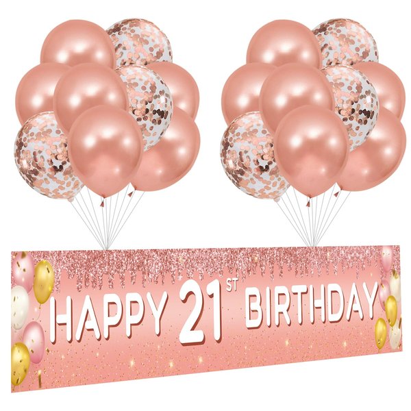 ANATANOWOR 21st Birthday Decorations for Her - 19pcs, Rose Gold Happy 21st Birthday Banner Balloons, 21st Birthday Indoor Outdoor Party Decorations