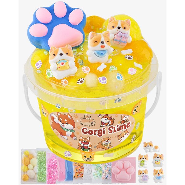 Corgi Yellow Clear Slime Kit, Big Slime Bucket with Slime Clay, 9 Packs of Add-ins, Slime Party Favors for Girls & Boys Ages 8-12, Crunchy Slime Sensory Toys, Holiday Birthday Hallowmas Gift for Kids