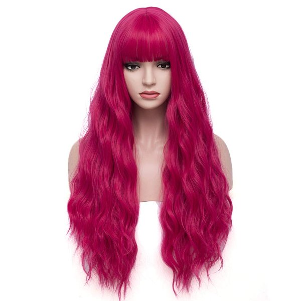 BERON 27 Inches Dark Pink Wig with Bangs Hot Pink Wig for Women Fluffy Wavy Heat Resistant Synthetic Wig (Hot Pink)