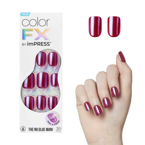 KISS imPRESS No Glue Mani Press-On Nails, Color FX, This City', Dark Red, Short Size, Squoval Shape, Includes 30 Nails, Prep Pad, Instructions Sheet, 1 Manicure Stick, 1 Mini File