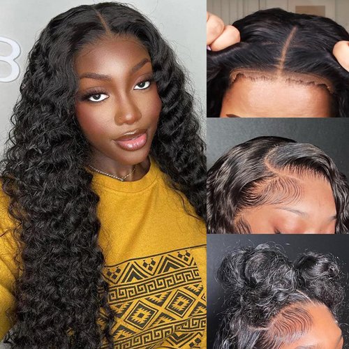 Marshey 6x5 Curly Lace Front Wigs Human Hair 100% Wear and Go Glueless Wig Pre Plucked Pre Cut Pre Bleached Knots Deep Wave Wig for Women 24 Inch