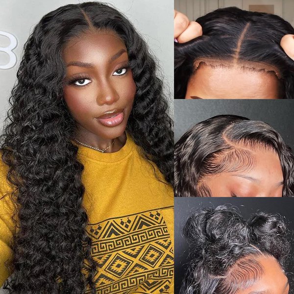 Marshey 6x5 Curly Lace Front Wigs Human Hair 100% Wear and Go Glueless Wig Pre Plucked Pre Cut Pre Bleached Knots Deep Wave Wig for Women 24 Inch