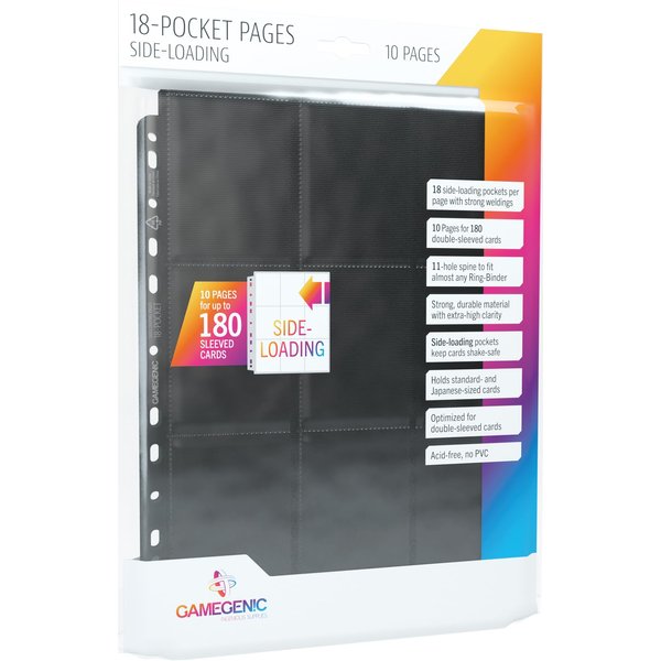 18-Pocket Pages Side-Loading (10 Pack) | Holds Standard and Japanese Cards | Durable Trading Card and Collectible Card Game Organizer | Optimized for Double-Sleeved Cards | Black | Made by Gamegenic
