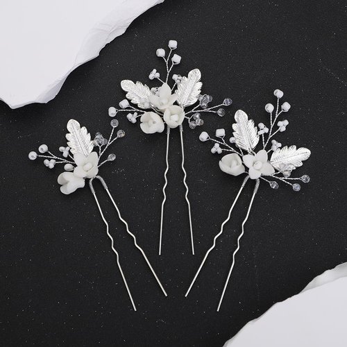 Teyglen 3pcs Flower Wedding Hair Pins Silver Leaf Flower Headpiece Hair Accessories for Bride Wedding Hair Pins Clips Bridal Crystal Beads Hair Piece for Women Flower Girls