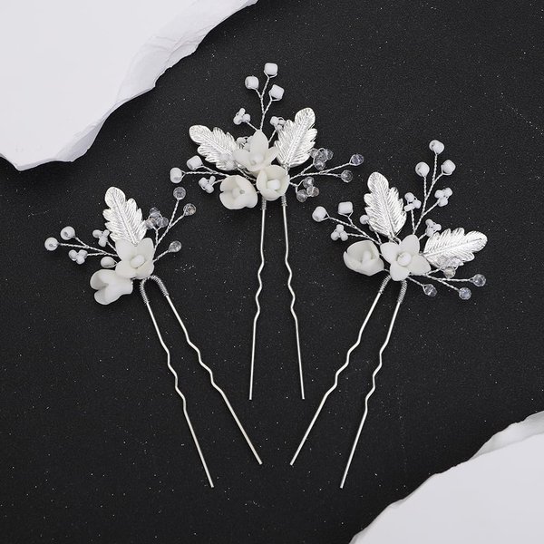 Teyglen 3pcs Flower Wedding Hair Pins Silver Leaf Flower Headpiece Hair Accessories for Bride Wedding Hair Pins Clips Bridal Crystal Beads Hair Piece for Women Flower Girls