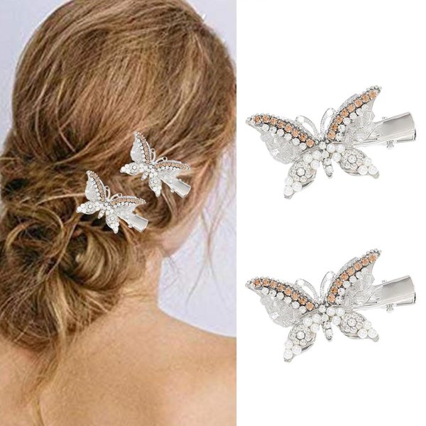 Bartosi Rhinestone Butterfly Hair Accessories Silver Crystal Decorative Alligator Hair Clips Pearl Pins (Pack of 2)