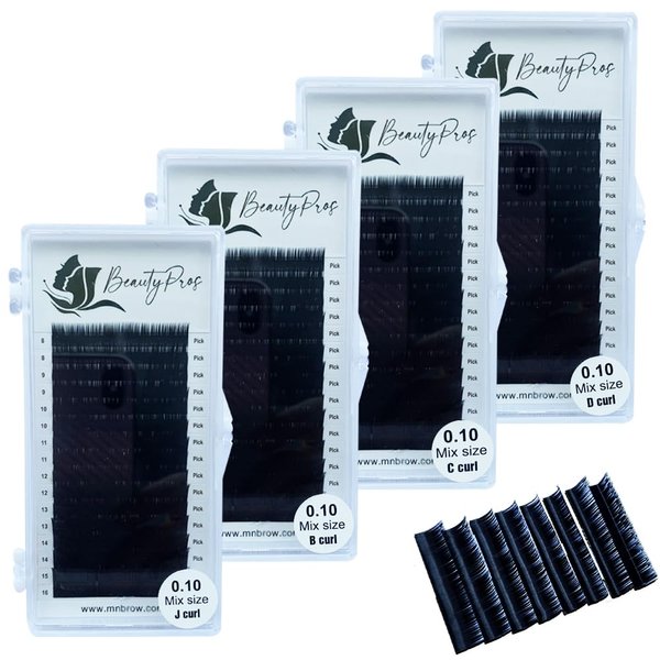 BeautyPros Professional Eyelash Extension Kit – Curl B,C,D,J & M - Volume Lash Extensions - Eyelash Extensions Supplies Mix Tray (8-16mm) - 0.03,0.05,0.07,0.015, 0.20mm Thickness -Black (D-Curl - 0.20mm)