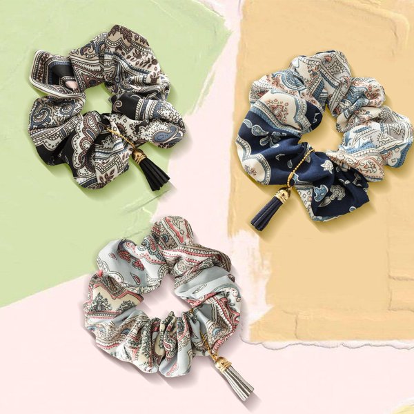 3 Pack Tassel Scrunchies for Thick Hair, Flower Hair Scrunchies for Women Printed Multi Colors, No Crease Hair Accessories Soft Ropes Ponytail Holder, Retro Fabric Hair Bands(C#)