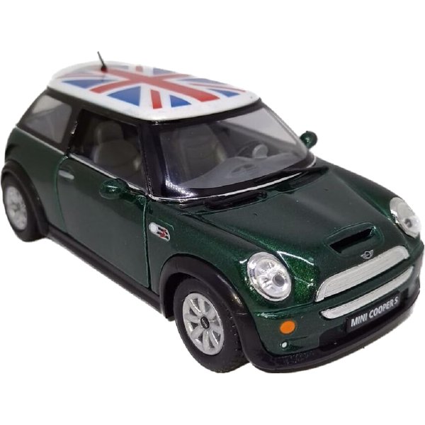 KiNSMART Mini Cooper S 5" 1:28 Scale Die Cast Metal Model Toy Car British Flag Green w/Pullback Action