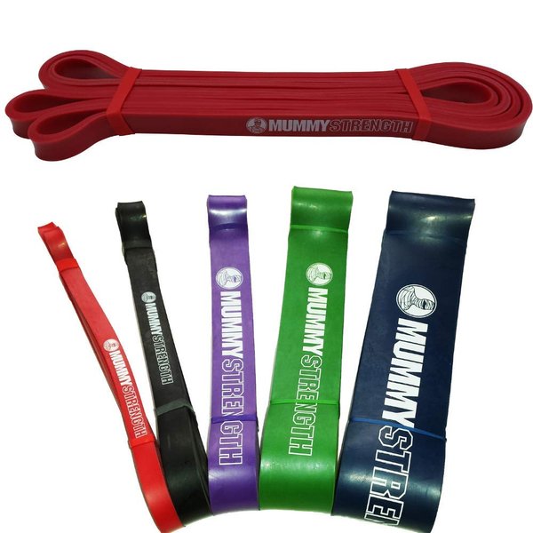 MummyStrength Resistance Bands for Men and Women. The Best Stretch Band for Pull Up Exercise and Powerlifting. Works with Any Pull Up Bar or Station. Single Band. Workout Guide Included (Red)
