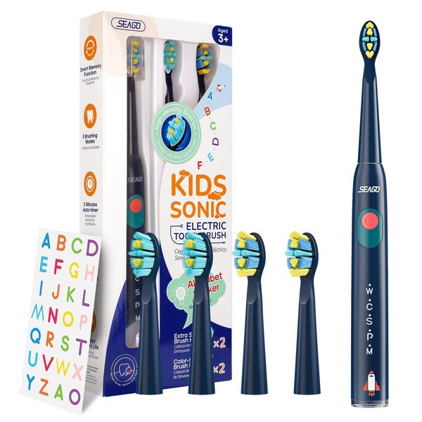 SEAGO Kids Electric Toothbrush for Ages 3-12, Children's Sonic Toothbrushes with DIY Stickers, 5 Modes, Soft Bristle Rechargeable Kid Toothbrush 4 Brush Heads (Navy)