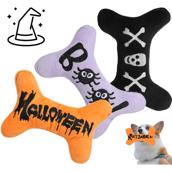 PICKUPIK 3 Pack Small Dogs Toy for Halloween, Plush Squeaky Puppy Bone Toy Holiday Dog Gifts