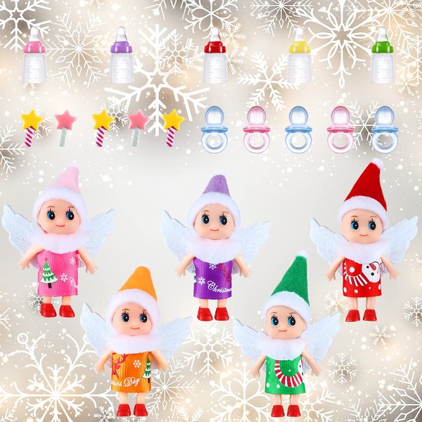 20 Pieces Christmas Elves Tiny Elf Doll Twins Set 5 Elves 5 Elf Milk Bottles 5 Elf Pacifiers and 5 Small Fairy Wand for Christmas Year Holiday Kids Present