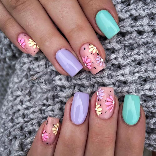 Vezocim Flower Press on Nails Coffin Shapes, Full Cover Square Acrylic False Nails with Floral Designs, Artificial Glossy Short Fake Nails with Sticky Tabs, Glue on Fingernails for Women (W869)