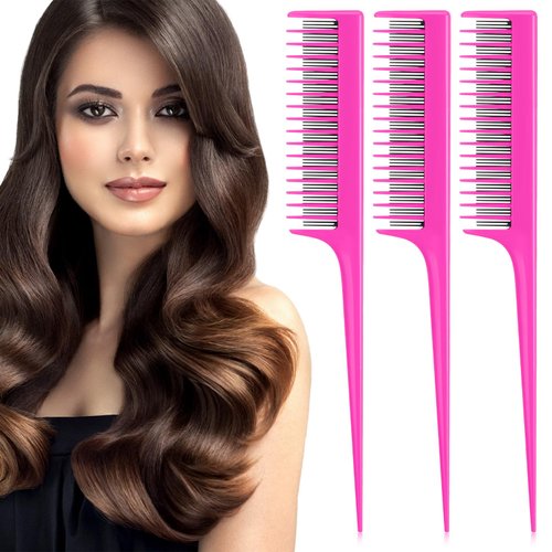 Leinuosen 3 Piece Triple Teasing Comb Rat Tail Comb Tool and Structure Tease Layers Rattail Comb for Women Back Combing Root Teasing Adding Volume Evening Styling (Pink)