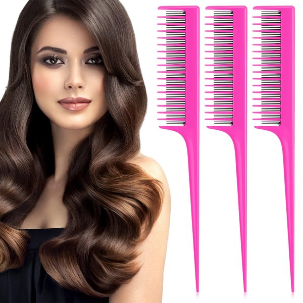 Leinuosen 3 Piece Triple Teasing Comb Rat Tail Comb Tool and Structure Tease Layers Rattail Comb for Women Back Combing Root Teasing Adding Volume Evening Styling (Pink)