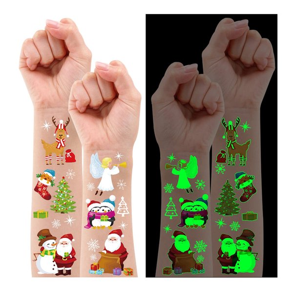 Partywind Glow Christmas Party Decorations, Luminous Christmas Temporary Tattoos for Kids Stocking Stuffers, Xmas Holiday Decorations Party Favors Supplies Games Gifts for Boys and Girls (4 Sheets)