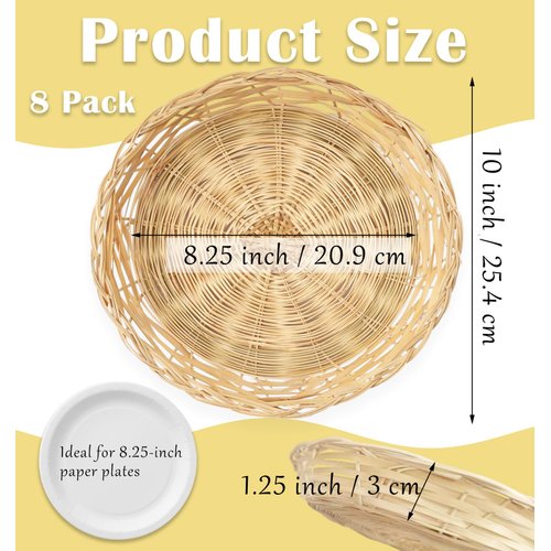 Cheardia 8 Pack Bamboo Paper Plate Holders, 10 Inches Reusable Wicker Charger Plates for Dinner Plates Natural Hand Woven Wicker Paper Plate Baskets for Home Party Daily Dinning Picnic
