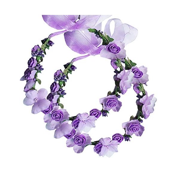 Flower Crown Headband Wreath Garland Hair Bands Floral Wedding Bridal Hair Hoop Women Leaf Ribbon Party Decoration Headdress Headwear Christmas Handmade Headpiece Hair Accessories 2 Pack Purple