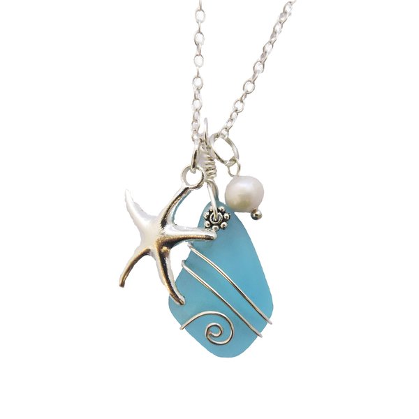 Yinahawaii Sea Glass Necklace, Hawaiian Jewelry For Women, Wire Turquoise Blue Necklace, Pearl Starfish Necklace Beach Jewelry, Sea Glass Jewelry Beach Necklace, Birthday Gift (December Birthstone)