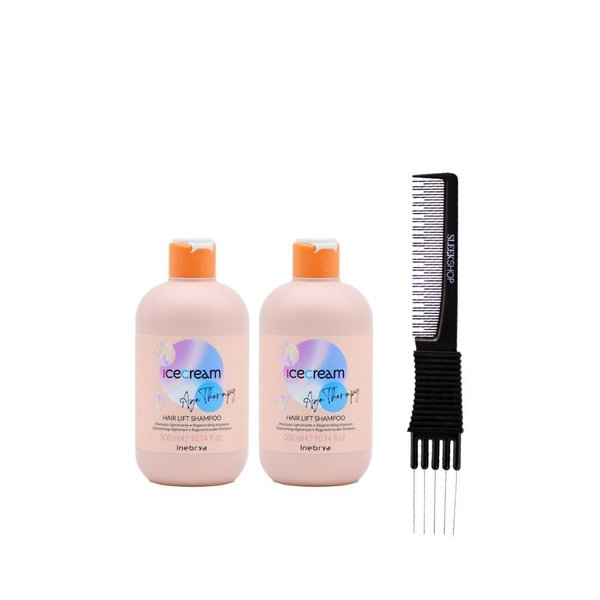 Inebrya Ice Cream Age-Therapy with Collagen Hair Lift Shampoo (10.14 oz) with Teasing Comb Pack of 2