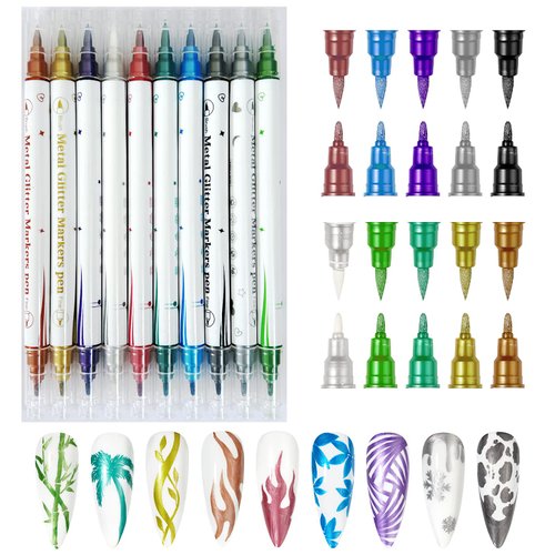 Gorvalin 10 Colors Double Ended Nail Art Polish Pens, 3D Metallic Nail Graffiti Dotting Drawing Point Pen Sets Nail Art Painted Pen Nail Design Kit for Nail Design Nail DIY Decoration