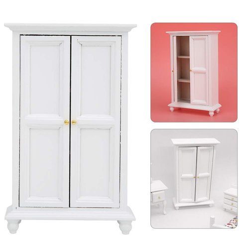 Miniature White Wooden Wardrobe Mini Dollhouse Accessories Miniature Furniture Doll Furniture Closet Tiny Furniture Clothes Wardrobe for Dollhouse
