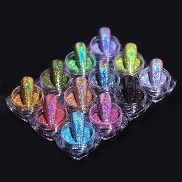 MKNZOME 12 Jars Holographic Nail Powder, Chrome Nail Powder Kit Black Blue Ultra Fine Glitter Powder Set, Rainbow Neon Pigment Manicure Glitter Dust with 12 Pcs Dual Sides Sponge Applicators