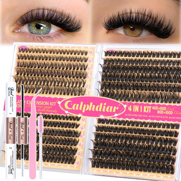 Calphdiar DIY Lash Extension Kit Wispy Eyelash Extension Kit D Curl Lash Clusters Kit 8-16mm 474pcs Lashes Extension Kit with Lash Bond and Seal, Lash Tweezers, Eyelash Brush(40+60+80+100D)