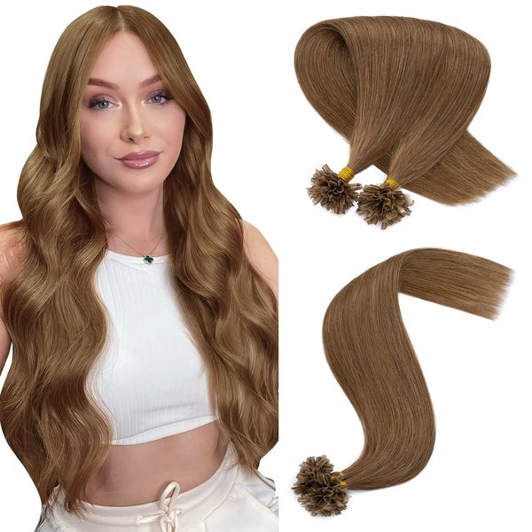 Hairro Pre Bonded Fushion Hair Extensions Nail Tip Human Hair Keratin U Tip Hairpieces Utip Remy Natural Glue Stick Flat Tipped Hairpiece For Women 100 Strands 18" 50g #06 Light Brown