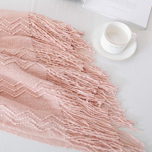 BOURINA Throw Blanket Textured Solid Soft Sofa Throw Couch Cover Knitted Decorative Blanket, 50" x 60" Pink