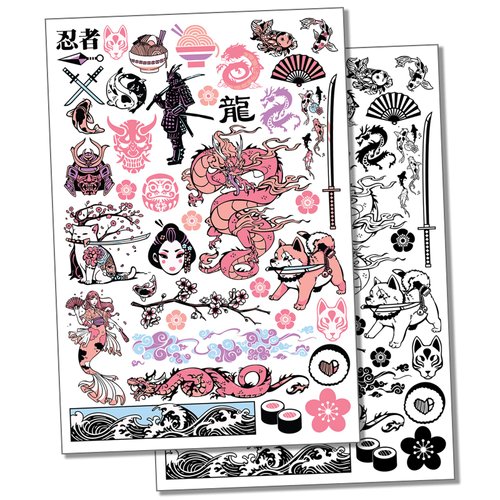Japanese Sakura Katanas and Dragons Temporary Tattoo Water Resistant Fake Body Art Set Collection - Color (One Sheet)