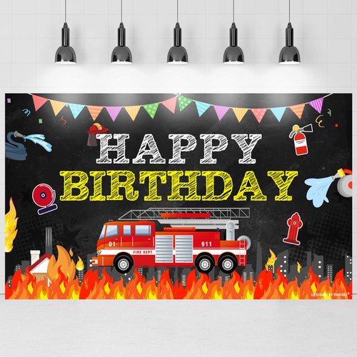 Fire Happy Birthday Photography Backdrop, Fire Truck Theme Indoor Outdoor Birthday Party Decoration, Kids Children's Party Supplies 70x40 inch