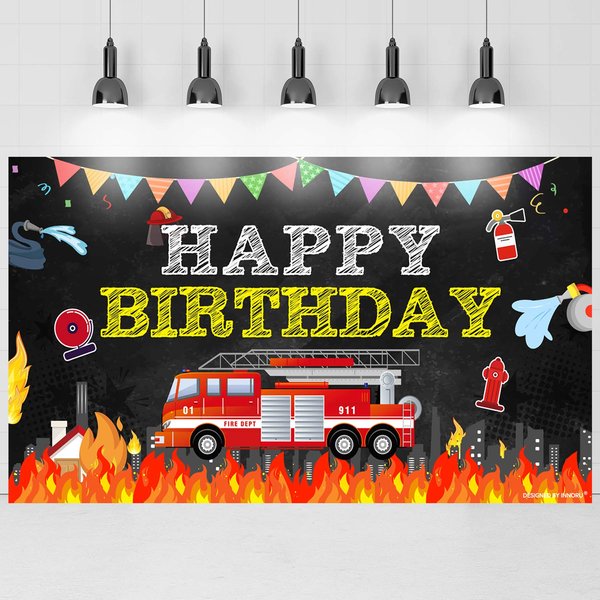 Fire Happy Birthday Photography Backdrop, Fire Truck Theme Indoor Outdoor Birthday Party Decoration, Kids Children's Party Supplies 70x40 inch