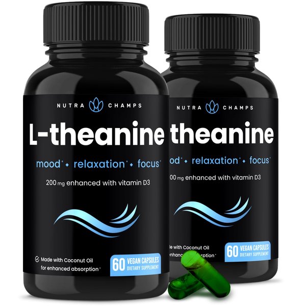 L-Theanine 200mg Capsules | Double-Strength L-Theanine Liquid with Vitamin D3, Organic Coconut Oil | Supports Mood, Focus, Stress Relief | L-Theanine for Kids & Adults | 60 Vegan Capsules (2 Pack)