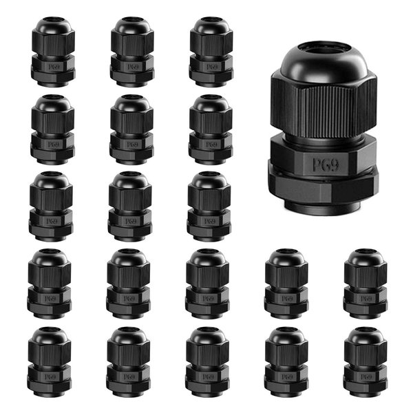 AMPELE Cable Gland 20 Pack PG9 Waterproof Adjustable 4-8mm Nylon Cable Glands Joints With Gaskets, Black(PG9)