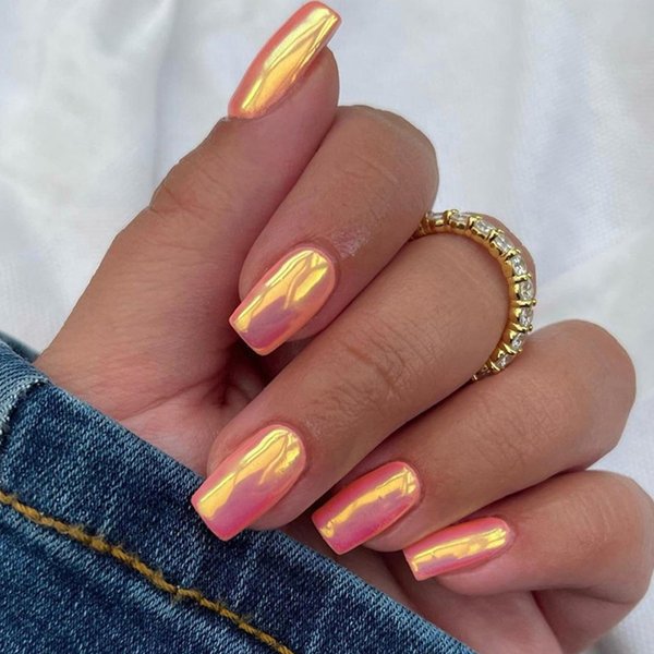 Pink Chrome Press on Nails Medium Square Fake Nails Aurora False Nails with Design Glossy Glue on Nails Bright Shiny Acrylic Nails Pearl Flash Artificial Nails for Women Nail Art Decoration 24pcs