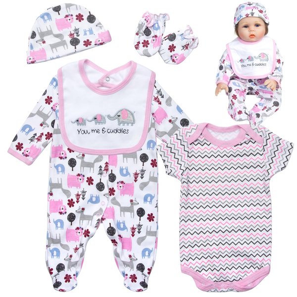 Reborn Baby Girl Doll Clothes Accessories 5-Pieces Set Suitable 20-22 inch Reborn Dolls Cute Elephant Design Doll Clothes Outfits