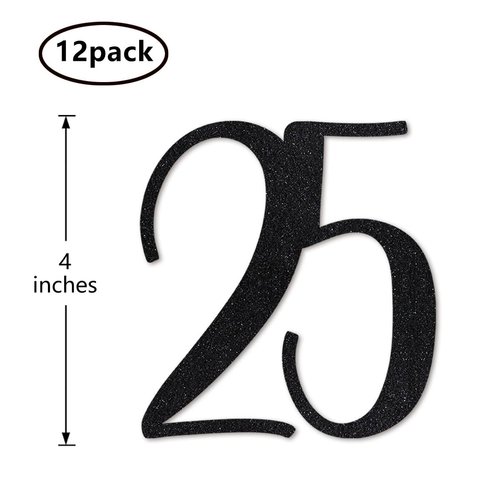 Black Glitter 25th Birthday Centerpiece Sticks, 12-Pack Number 25 Table Topper Anniversary Party Decorations
