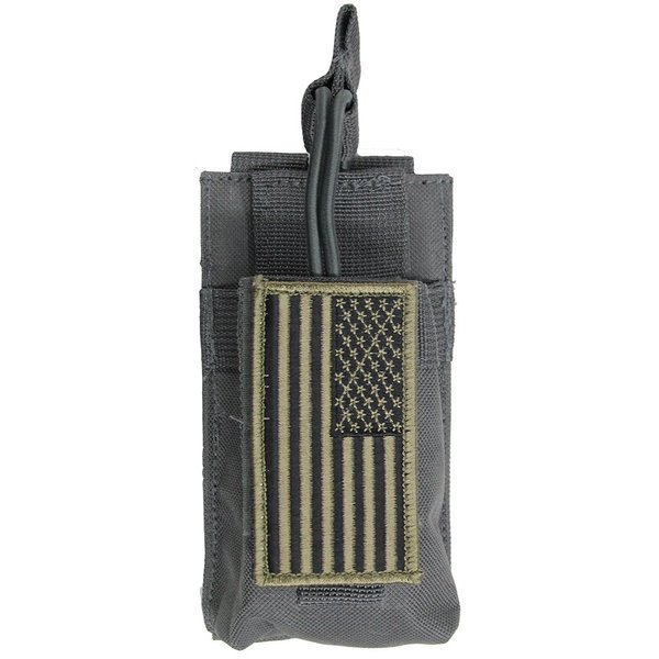 M1Surplus MOLLE Style Grey Color Tactical Radio Pouch + USA Flag Patch Fits AR-DV10 Yaesu FT-25R FT-65R FT2DR VX-170 FT-60R FT250R FT270R VX110 VX120 VX127 VX7R VX8R FTA-550L Portable HT Ham Radios