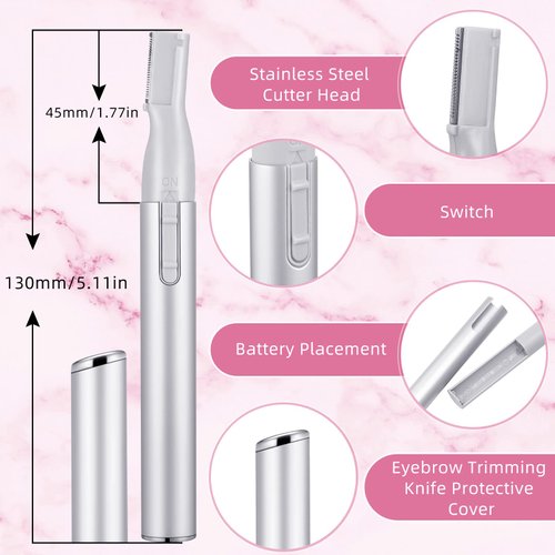 2 Pcs Electric Eyebrow Trimmer Women Precision Face Razors Mini Shaver Battery Operated Small Facial Hair Remover with Comb Personal Epilator for Face Neck Fuzz Lips Body Arms Leg (Pink, Silver)