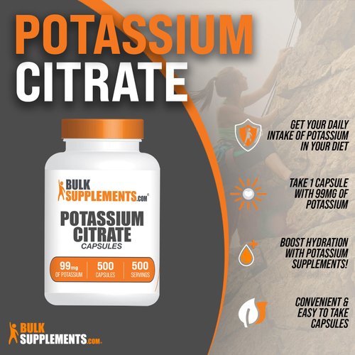 BulkSupplements.com Potassium Citrate Capsules - Potassium Supplement, Potassium Citrate 99mg - Potassium Citrate Supplement, Potassium Pills - 1 Capsule per Serving, 500-Day Supply, 500 Capsules