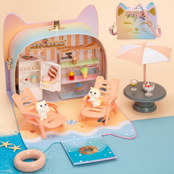 GiftAmaz Portable Dollhouse Toy Playset for Girls, Pretend Play Ice Cream Shop, Travel Dollhouse with Accessories & Furniture, Fold and Go Play House Birthday Gift for Toddlers 3 4 5 6 7 8+